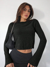 Women's Back To School Shirts Fitted Shirt Grey Ribbed Knit Asymmetrical Split Hem Bell Sleeve